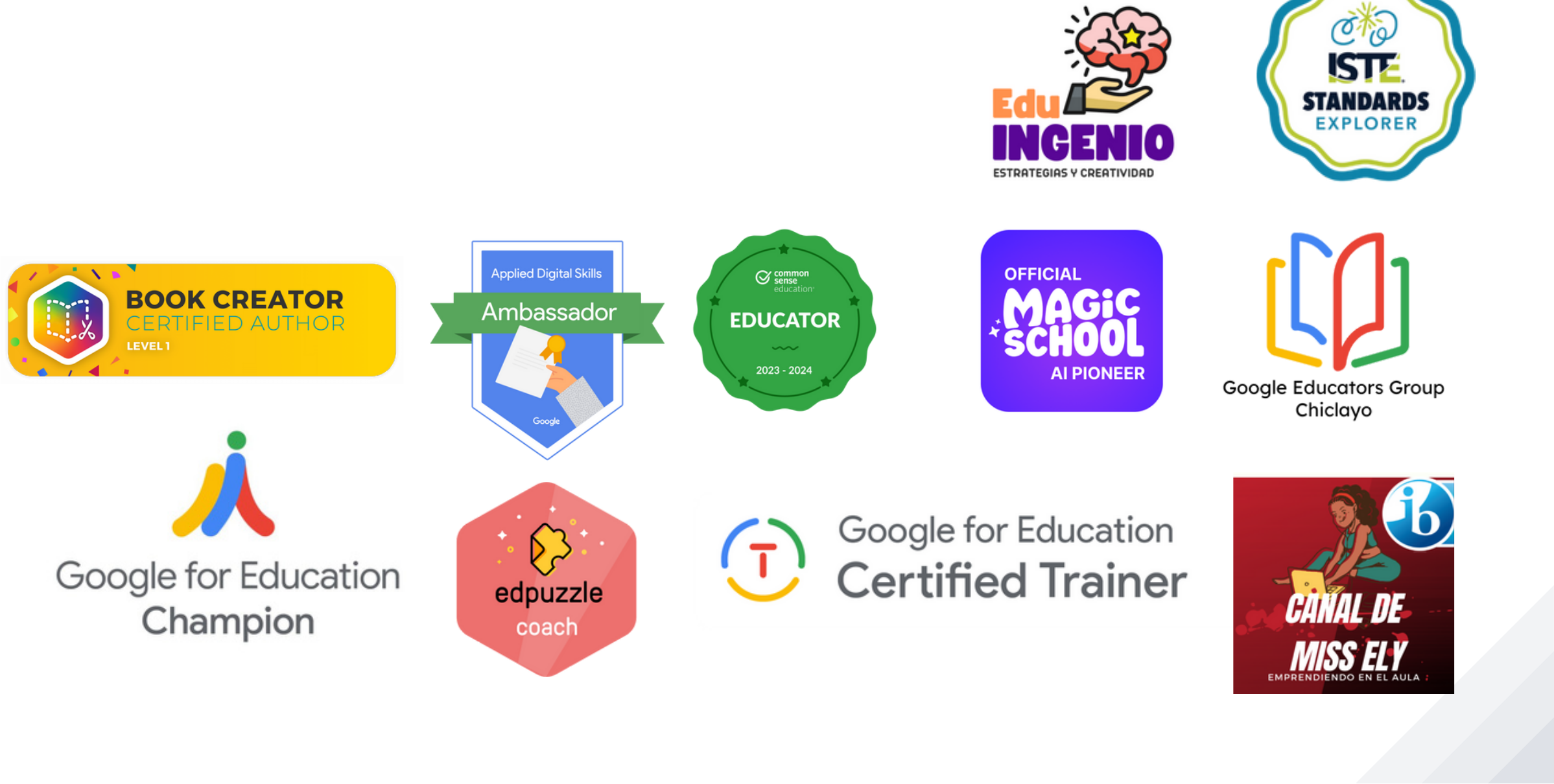 Insignias y certificaciones de Google for Education, ISTE, Common Sense, Magic School, Edpuzzle y más